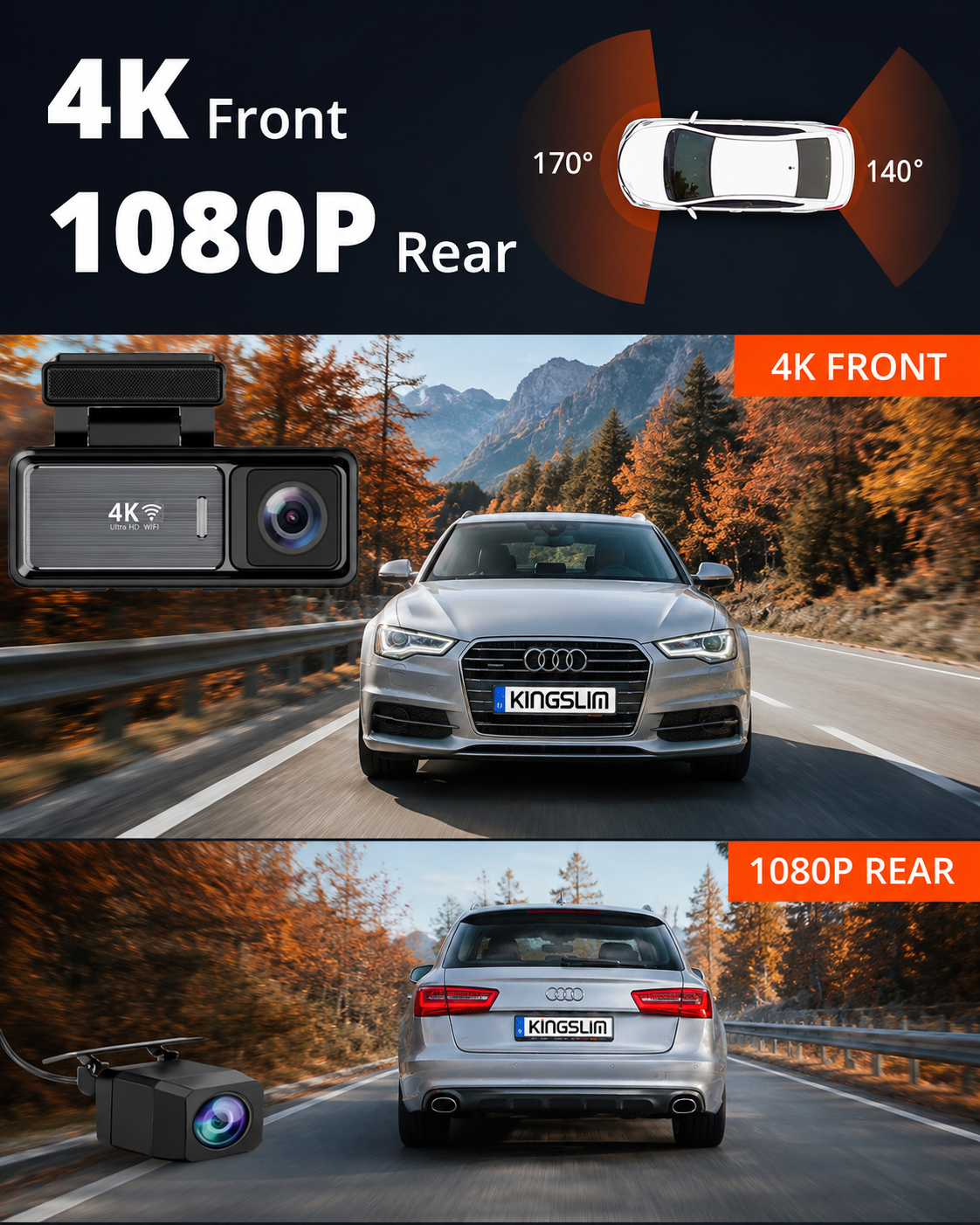 New 3.2Inch Dash Cam Dual Lens Ultra HD Real 4K Car DVR Camera WIFI GPS Rear View Night Vision WDR Video Recorder 24H Parking